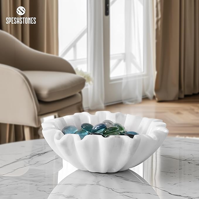 Marble Ruffle Bowl 6 Inch Handmade White Small Decorative Bowl for Modern Home Decor - Scalloped & Fluted Key Bowls for Entryway Tables & Coffee Table Decor