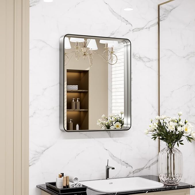 LOAAO 20x16 Inch Brushed Nickel Bathroom Mirror, Rounded Rectangle Silver Metal Frame Mirror, Brushed Nickel, Anti-Rust, Shatter Proof, Hangs Horizontally or Vertically