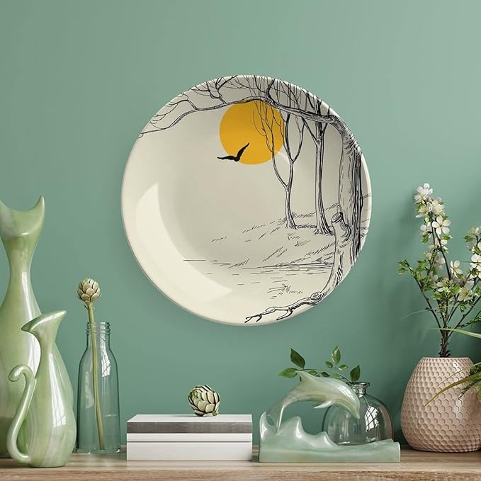 8 Inch Decorative Plate, Apartment Decor Ceramic Plate, Full Moon in Forest with Dry Branch Gull Tranquil Calm Nature Print Ceramic Wall Hanging Decor Accessory for Dining Table Tabletop Home Decor