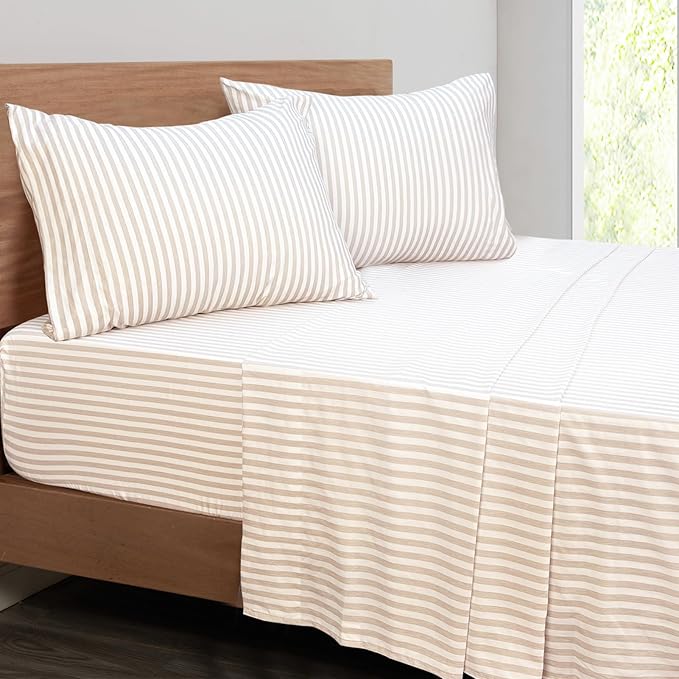 Mejoroom Striped Queen Size Sheet Set - Hotel Luxury 1800 Bedding Sheets & Pillowcases - Deep Pocket Fitted Sheet, Soft, Breathable, Wrinkle & Fade Resistant - 4 Piece (Beige Stripe)