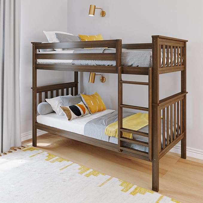 Max & Lily Bunk Bed Twin over Twin, Solid Wood Bunk Bed Frame with Ladder for Kids, 14" Safety Guardrails, Easy Assembly, No Box Spring Needed, Walnut
