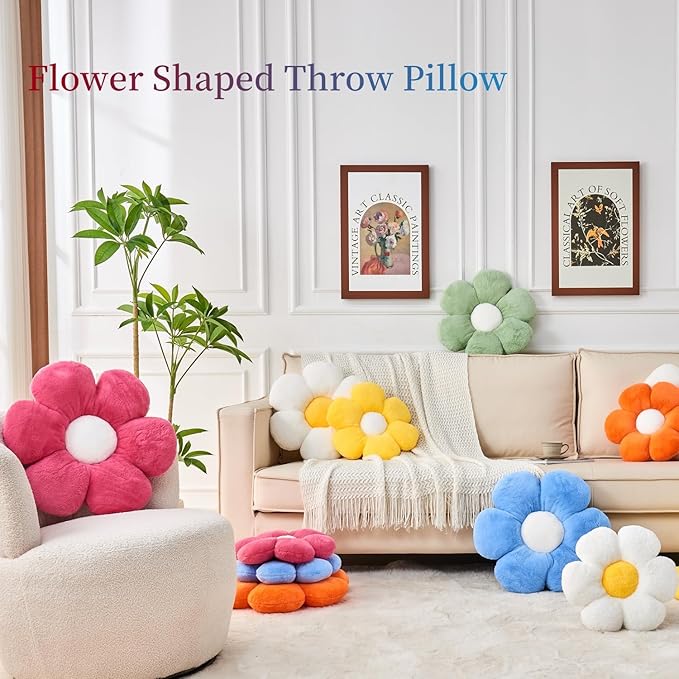 3PCS Flower Pillow Set,Flower Throw Pillow 15.7In Daisy Pillow Cute Decorative Pillow Cushion Home Decor& Plush Pillow for Sofa Couch Bed Reading Tent.