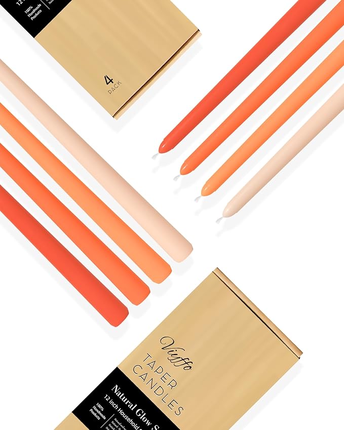 Viyffo Taper Candles 12 Inch 4 Pack Orange, 9 Hour Burn Unscented Dripless & Smokeless Decorative Candles for Dinner, Wedding & Home Decor