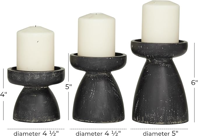 Deco 79 Wood Decorative Candle Holder Candle Stand, Set of 3 Candlestick Holder 6", 5", 4"H, Black