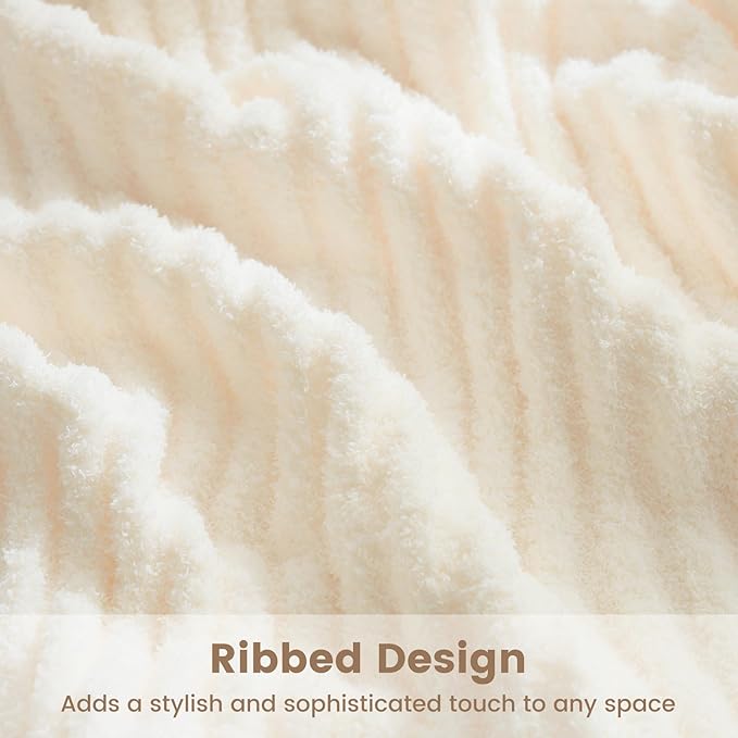 Snuggle Sac Soft King Size Blanket, Cozy Soft Fuzzy Microfiber Knit Stripe Bedding Blankets Bedspread, Cream, 108x90 inches