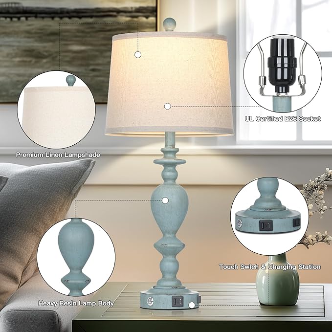 27.5" Coastal Table Lamp for Living Room Set of 2,Retro Blue Bedside Nightstand Lamps with USB C+A Ports & AC Outlet,3-Way Dimmable Touch Control Desk Lamp for Bedroom