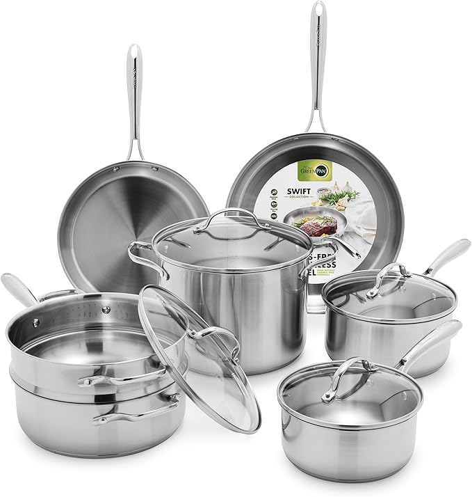 GreenPan 11 Piece Stainless Steel Cookware Set, Induction Ready, Measurement Markings, Dishwasher & Oven Safe 600F, Pots & Pans, Sauce, Saute, Frying Pans, Silver