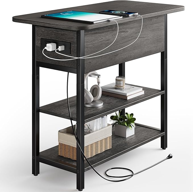Yoobure End Table with Charging Station, Flip Top Side Table with USB Ports and Outlets, Sofa Couch Table Bedside Table for Living Room Bedroom, Narrow Nightstand with Storage Shelves for Small Space