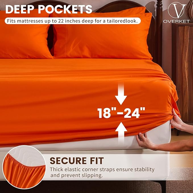100% Linen Sheet Set Queen Size Extra Deep Pocket Fits 18-24 Inch Mattress, Breathable & Soft, Smooth 4-Piece Set for Thick Mattresses Hotel Luxury Bedding（Queen, Orange）
