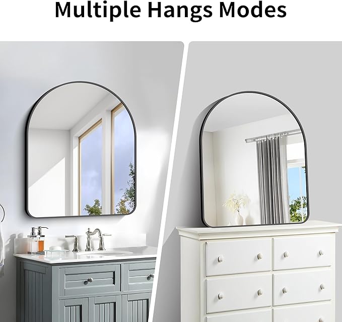 Arched Bathroom Mirror, 30"x36" Black Arched Mirror for Bathroom, Wall Mounted Mirror, Black Vanity Wall Mirror w/Metal Frame for Bedroom, Entryway, Living Room, Hanging or Leaning Against Wall