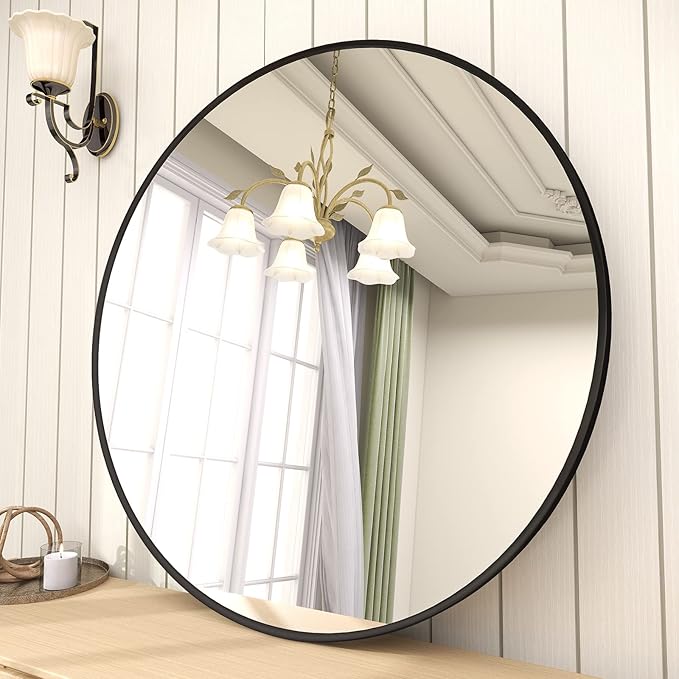 BEAUTYPEAK 18 Inch Round Mirror, Metal Frame Circle Mirror, Wall Mounted for Entryway, Bathroom, Vanity, Living Room, Black