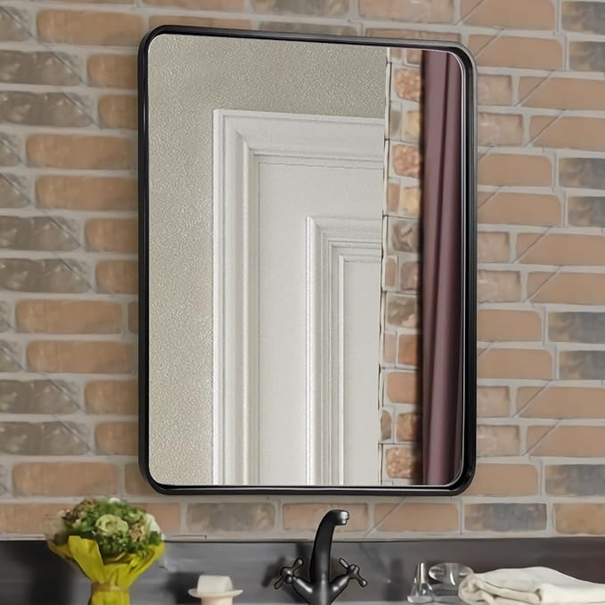 ANDY STAR 28x36 INCH Black Bathroom Mirror, Black Bathroom Vanity Mirrors for Wall, Rounded Rectangle Mirror for Bathroom, Tube Metal Frame, 1’’ Deep Wall Mounted Vertical/Horizontal