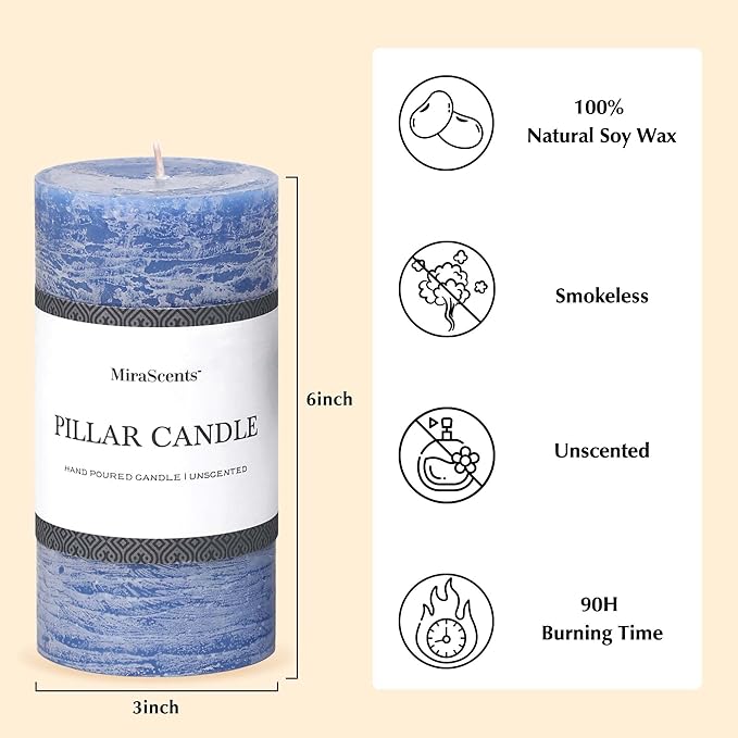 3x6 Inch Blue Pillar Candles Set of 3 - Hand-Poured Unscented Candles, Long Clean Burning, Large Big Candle, Smokeless Dripless Candle for Dinner Table, Wedding, Home, Bathroom, Rustic Decor