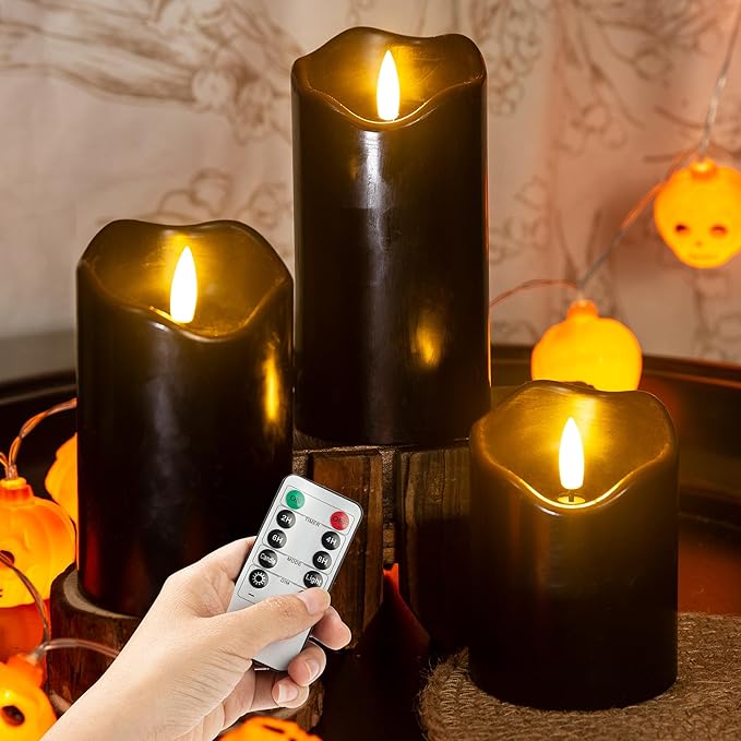 Halloween Flameless Candles with Remote, 3 Pack Battery Operated Wax LED Flickering Candles Halloween Home Party Decor for Fireplace/Shelf/Centerpiece Black