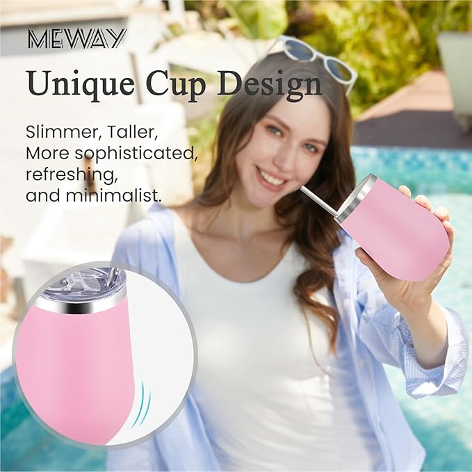 MEWAY 12oz Insulated Wine Tumbler with Press-In Lid, Double Wall Vacuum Stainless Steel Travel Tumbler with Straw,Travel Cup for Coffee and Drinks, Gift for Woman Under 10 dollars(Pink,1)