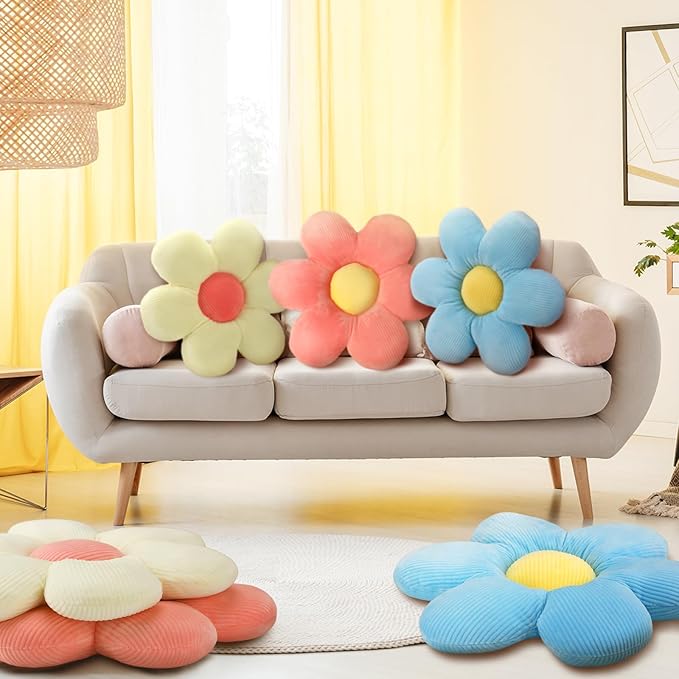 Sratte 3 Pcs Flower Pillows Flower Shaped Throw Pillow Cute Daisy Pillow Seating Cushions for Adults Home Bedroom Sofa Chair Couch Decor(Multicolored,23.62")