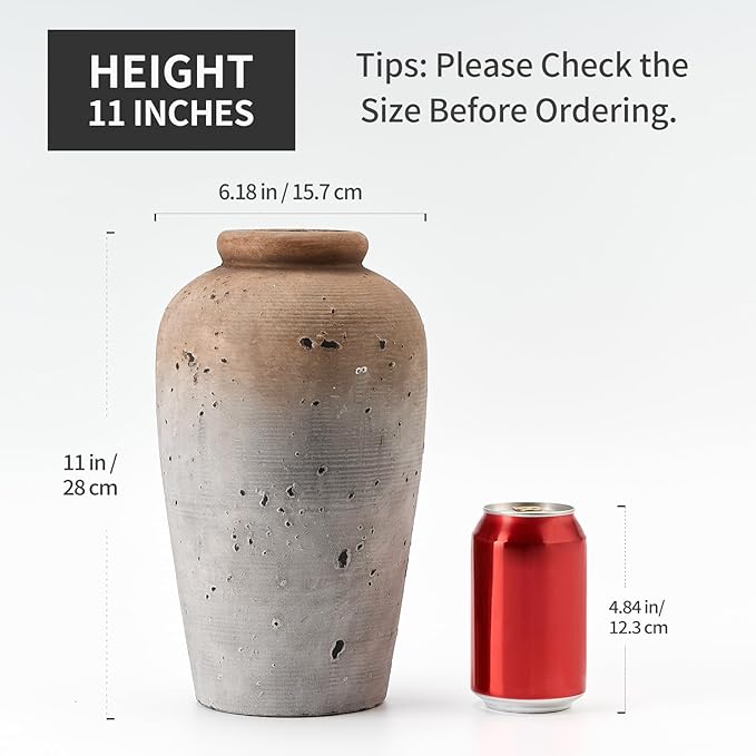 Large Ceramic Rustic Vase, 11 inch Minimalist Decorative Farmhouse Tall Vase for Home Decor, Living Room, Shelf Decor, Enterway, Wedding, Table Decoration, Brown