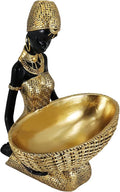African Tribal Resin Statue - Handcrafted Gold Accent Figure with Bowl, Ethnic Home Decor Art Piece for Shelf & Table Display, Bohemian Gift Idea