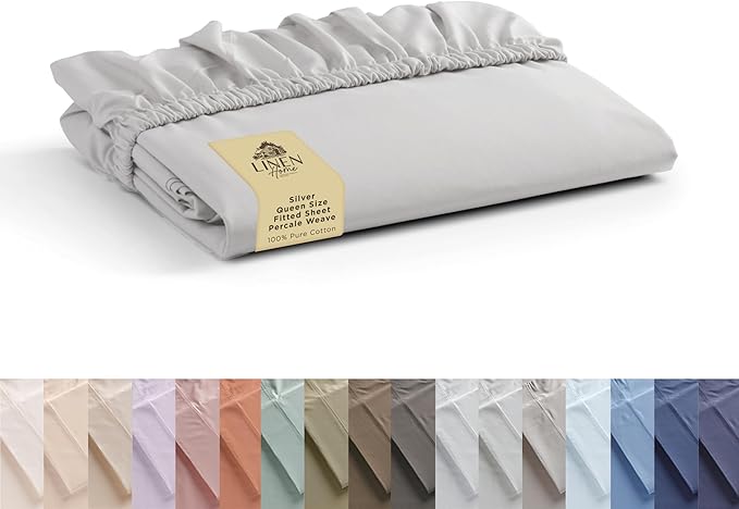Linen Home 100% Cotton Percale Weave Fitted Sheet, Queen Size, Silver, 1 Deep Pocket Fitted Sheet, Fits Mattress Upto 16" Crisp and Cool Strong Bed Linen, 60"X80"+15"