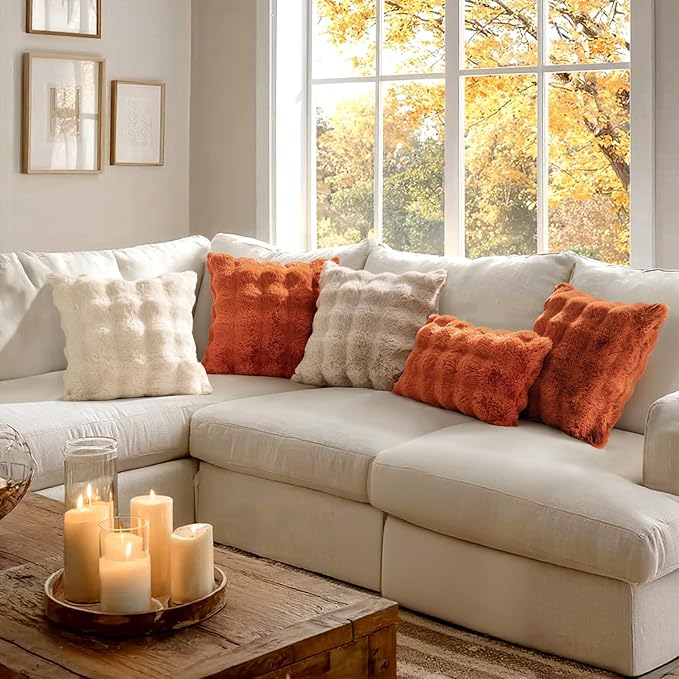 MIULEE Pack of 2 Decorative Pillow Covers Fall Thick Soft Plush Faux Fur Throw Pillows Luxury Home Decor for Couch Bedroom Living Room Sofa,20x20 Inch Burnt Orange