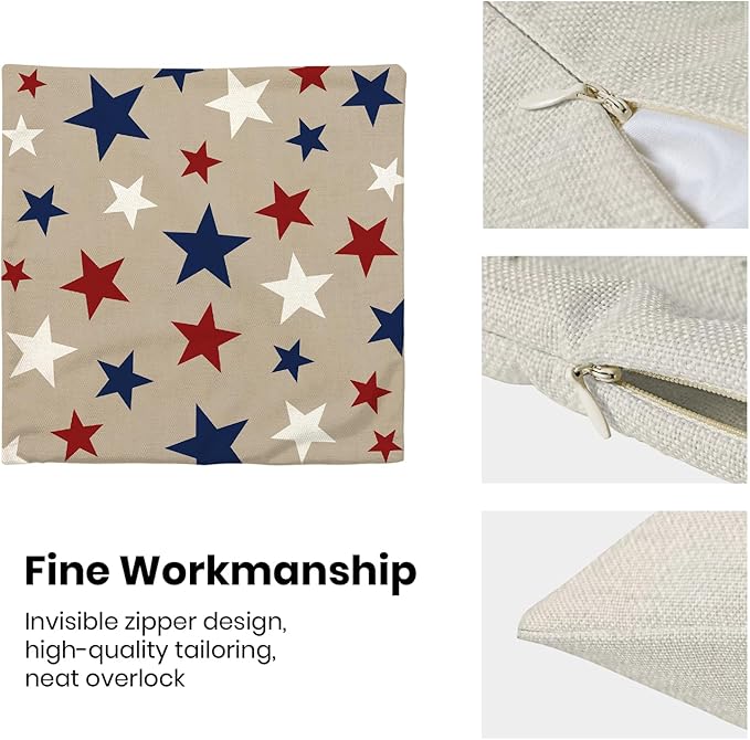 4th of July Pillow Covers 20 x 20 Inch, Red Blue White Patriotic Star Decor Throw Pillows for Couch, Vintage American Flag Independence Day Decorative Pillowcase Linen Cushion Cover Set of 2