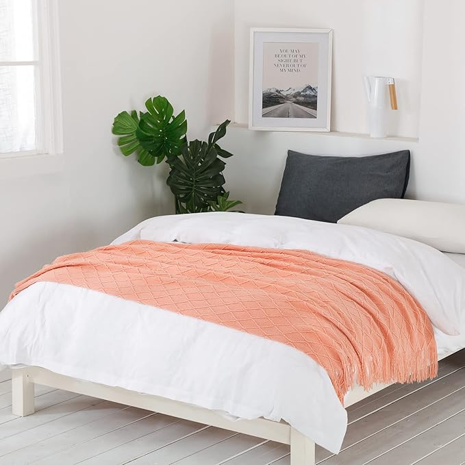 BOURINA Orange Throw Blanket 50x60 Inches Throw Textured Solid Soft Sofa Couch Decorative Knit Blanket
