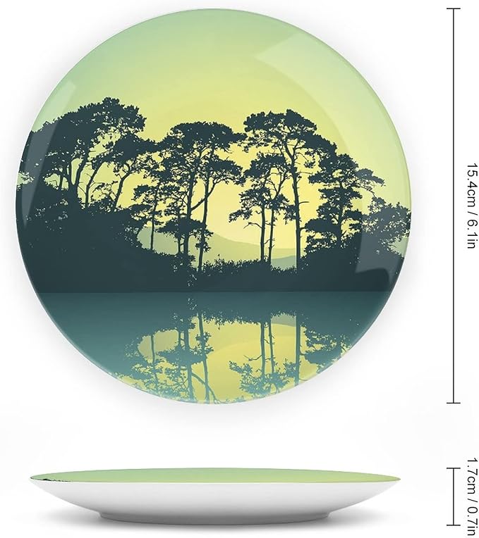 XISUNYA 8 Inch Decorative Plate, Mystic Forest Dinner Plate, Trees Abstract Mountain View and Lake River Print Ceramic Wall Hanging for Home & Office Wall Hanging Decor