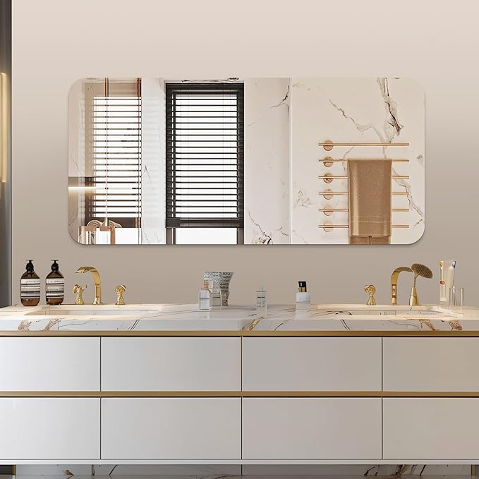 Mirrorons 60 x 28 Frameless Bathroom Mirror, Rounded Corner Bathroom Vanity Mirror, Modern Wall Mounted Vanity Mirror for Living Room, Bedroom, Bathroom, Entryway (Horizontal/Vertical)