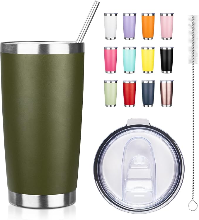 20oz Tumbler with Straw and Brush, Stainless Steel Vacuum Insulated tumbler, Double Wall Insulated Coffee Tumbler for Outdoor, Home, Travel,Office (Army Green,1pcs)
