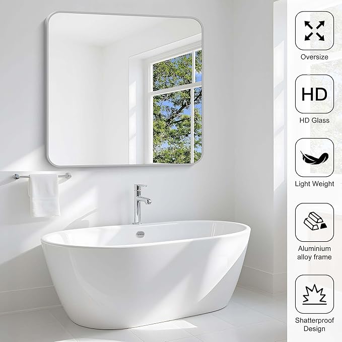 Silver Bathroom Mirror, 42 x 42 Inch Silver Square Mirror, Metal Framed Rectangular Vanity Mirror, Rounded Corner Wall Mounted Mirror for Living Room Bedroom Entryway Hangs Horizontal/Vertical