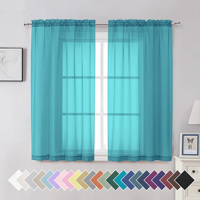 Aiyufeng Turquoise Sheer Curtains 54 Inch Length 2 Panels Set, Light Filtering Airy Rod Pocket Turquoise Window Curtain Treatment Drapes for Kitchen Bedroom Living, Each 42Wx54L Inches