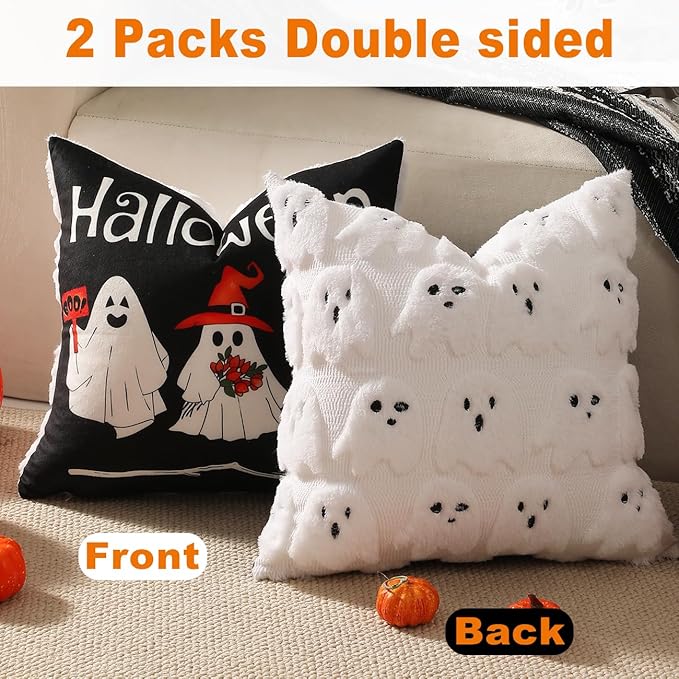 TOYPOPOR Halloween Decorations, 2 Packs Double Sided Ghost Pillow Covers, Soft Faux Fur Throw Pillow Cases, Indoor Outdoor Couch Cushion Case for Fall Autumn Bedroom Living Room Home Decor 16''x16''