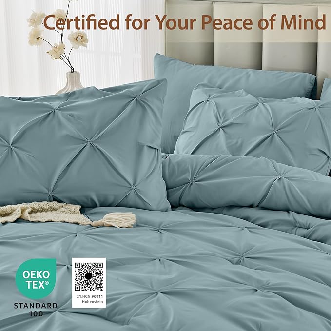 Sasttie Full Size Comforter Set, 7-Piece Bed in a Bag, Pintuck Bedding Sets for All Season, Includes Comforter, Flat Sheet, Fitted Sheet, Pillowcases and Pillowshams, Greylish Blue