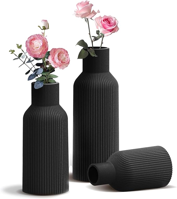Black Ceramic Vases Set of 3, Black Ribbed Decorative Vases - Table Centerpieces for Wedding, Living Room, Office & Shelf Decor