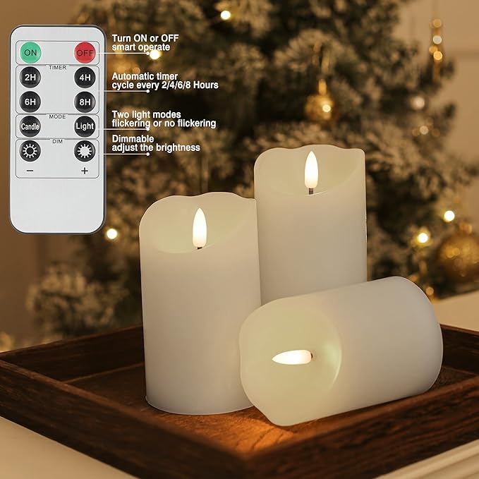 Flameless Candles with Remote, Battery Operated Wax LED Flickering Candles - Set of 3 (White) with Timer for Home Decor, Perfect for Christmas Party White