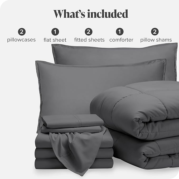 Bare Home Bed-in-A-Bag 8 Piece Comforter & Sheet Set - Split California King - Goose Down Alternative - Ultra-Soft 1800 Premium Bedding Set (Split Cal King, Grey/Grey)