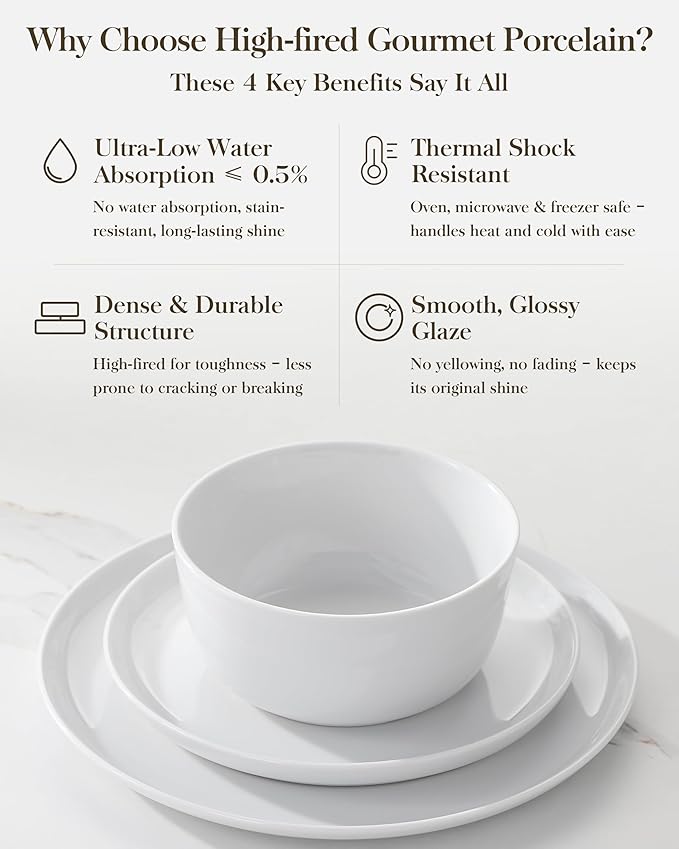 MALACASA 24 Pieces Gourmet Porcelain Dinnerware Sets, Premium Plates and Bowls Set, High-Fired Ceramic Dishes Set for 8, Chip & Scratch Resistant, Microwave Dishwasher Safe, White, Series LEXI