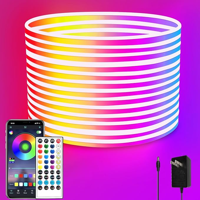 32.8FT Led Neon Rope Lights Control with App/Remote,Flexible Led Rope Lights,Multiple Modes,IP65 Outdoor RGB Neon Lights Waterproof,Music Sync Gaming Led Neon Strip Lights for Bedroom Décor