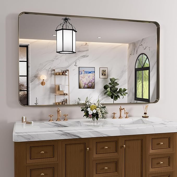 Bronze Bathroom Mirror 50x30 Inch, Brushed Bronze Metal Frame Mirror for Wall, Rounded Rectangle Bathroom Vanity Mirror with Tempered Glass, Anti-Rust, Horizontal/Vertical