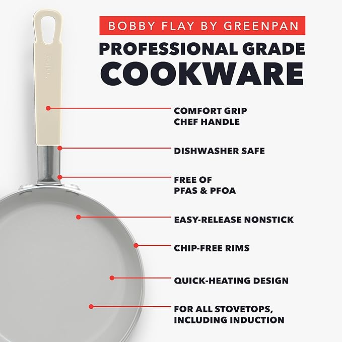 GreenPan x Bobby Flay 13 Piece Nonstick Cookware Pots and Pans Set, PFAS-Free Diamond Ceramic, Induction Suitable, Easy Clean Dishwasher & Oven Safe, Stay-Cool Silicone Handles, Glass Lids, Cream