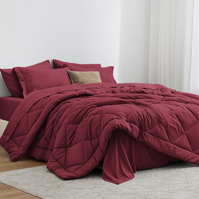 Love's cabin California King Comforter Set Burgundy, 7 Pieces California King Bed in a Bag, All Season Bedding Sets with 1 Comforter, 1 Flat Sheet, 1 Fitted Sheet, 2 Pillowcase and 2 Pillow Sham