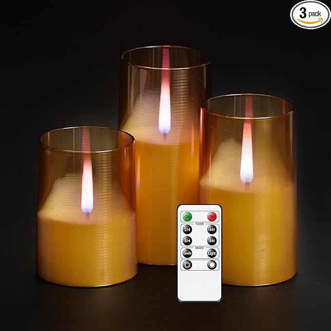 Flameless Candles Upgraded Realistic Flickering Flame,Battery Operated LED Candles with Remote Timers,Acrylic Electric Candles Set of 3(D 3" xH 4" 5" 6")（Gold）