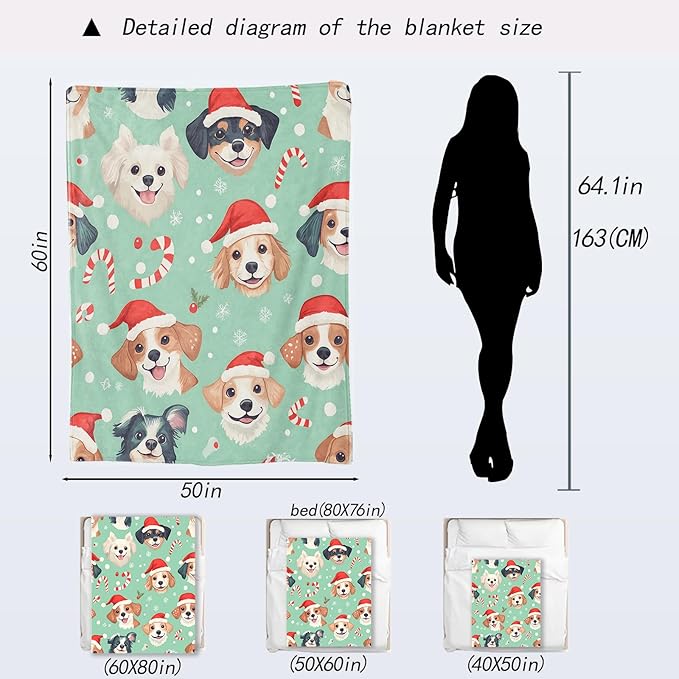 Cute Christmas Dog Blanket - Festive Puppy Santa Hat Fleece Throw,Gifts for Kids Adult, Soft & Warm,Lightweight, for Holiday Decor,Winter Celebration, and Room Home Accents 60x80in