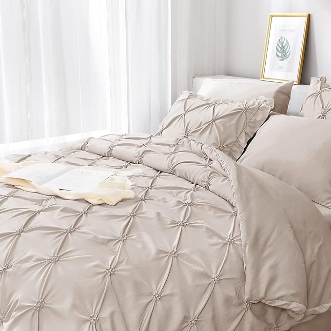 JOLLYVOGUE Queen Comforter Set 7 Pieces, Beige Bed in a Bag Comforter Set for Bedroom, Bedding Comforter Sets with Comforter, Sheets,Ruffled Shams & Pillowcases