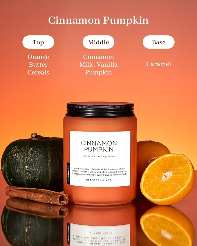 M&SENSE Cinnamon Pumpkin Fall Scented Candles, 19.4oz Soy Natural Candles 110 Hours Long Lasting Slow Burning Halloween Autumn Candle Gifts for Home Decor