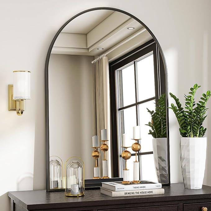 VooBang Arched Wall Mirror, 30 x 38 inch Arch Bathroom Mirror, Wall Mounted Vanity Mirror with Arch Metal Frame, Modern Bathroom Vanity Mirror for Bedroom, Living Room, Hanging or Leaning, Black