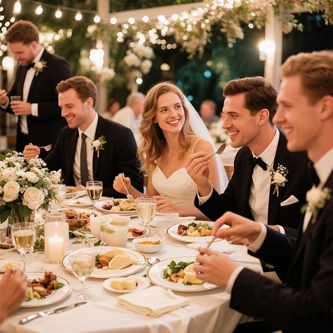 GATHER 700PCS Gold Plastic Plates - Whtie and Gold Disposable Dinnerware Sets 100Guest - 200 Disposable Plate, 300 Plastic Silverware, 100 Cups, 100 Napkins for Wedding & Party & Thanksgiving