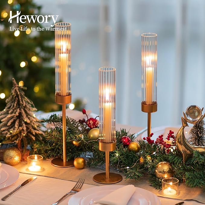 Hewory Gold Hurricane Candle Holders: Brass Candlestick Holders Set of 3 Tall Taper Candle Holders for Candlesticks Candle Sticks Holder Decor for Table Centerpiece Wedding Party Christmas Decorations