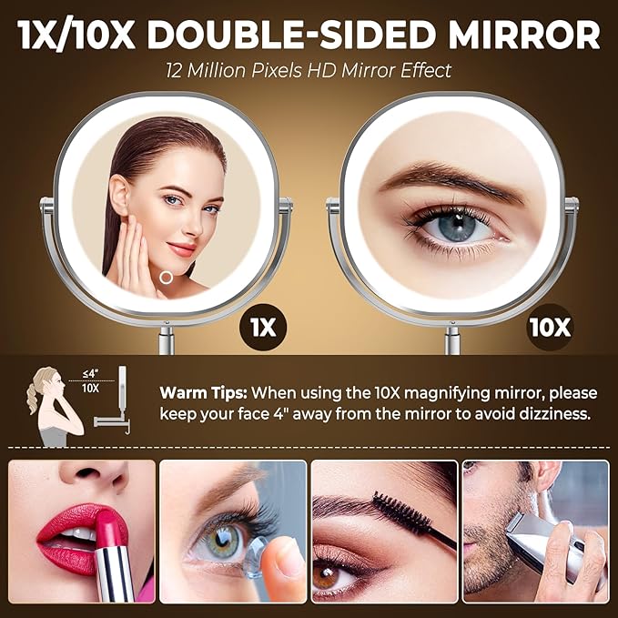9" Wall Mounted Lighted Makeup Mirror, 3000mAh Rechargeable Double Sided 1X/10X Magnifying Mirror with Hook, 3 Color Lights Dimmable 360° Rotation Vanity Mirror for Bathroom