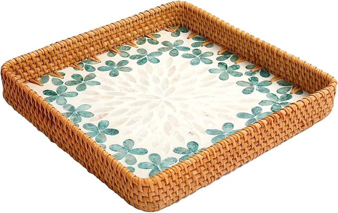Rattan Tray with Mother of Pearl Inlay, Boho Coffee Table Decor, Decorative Serving Tray, Farmhouse Gift for Living Room & Bathroom